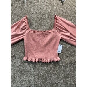 SO‎ Long Sleeve Smocked Top Women - Small - Square-Neck Cropped Fashion Blouse